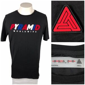 Black Pyramid Mens Small Shirt Black Spell Out 100% Cotton Short Sleeve EUC